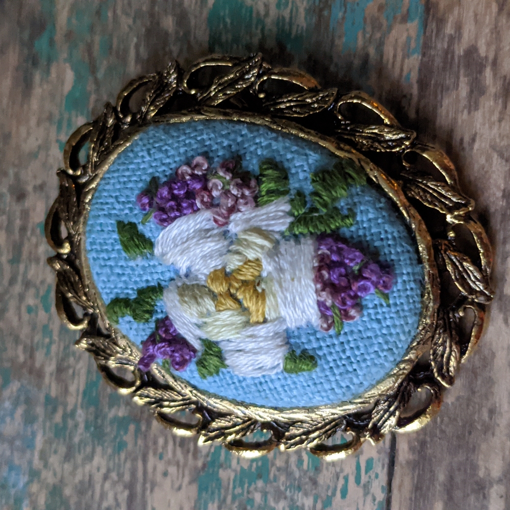 Vintage Embroidered Linen Flower Gold  Framed Coquette Brooch Pin Pendant